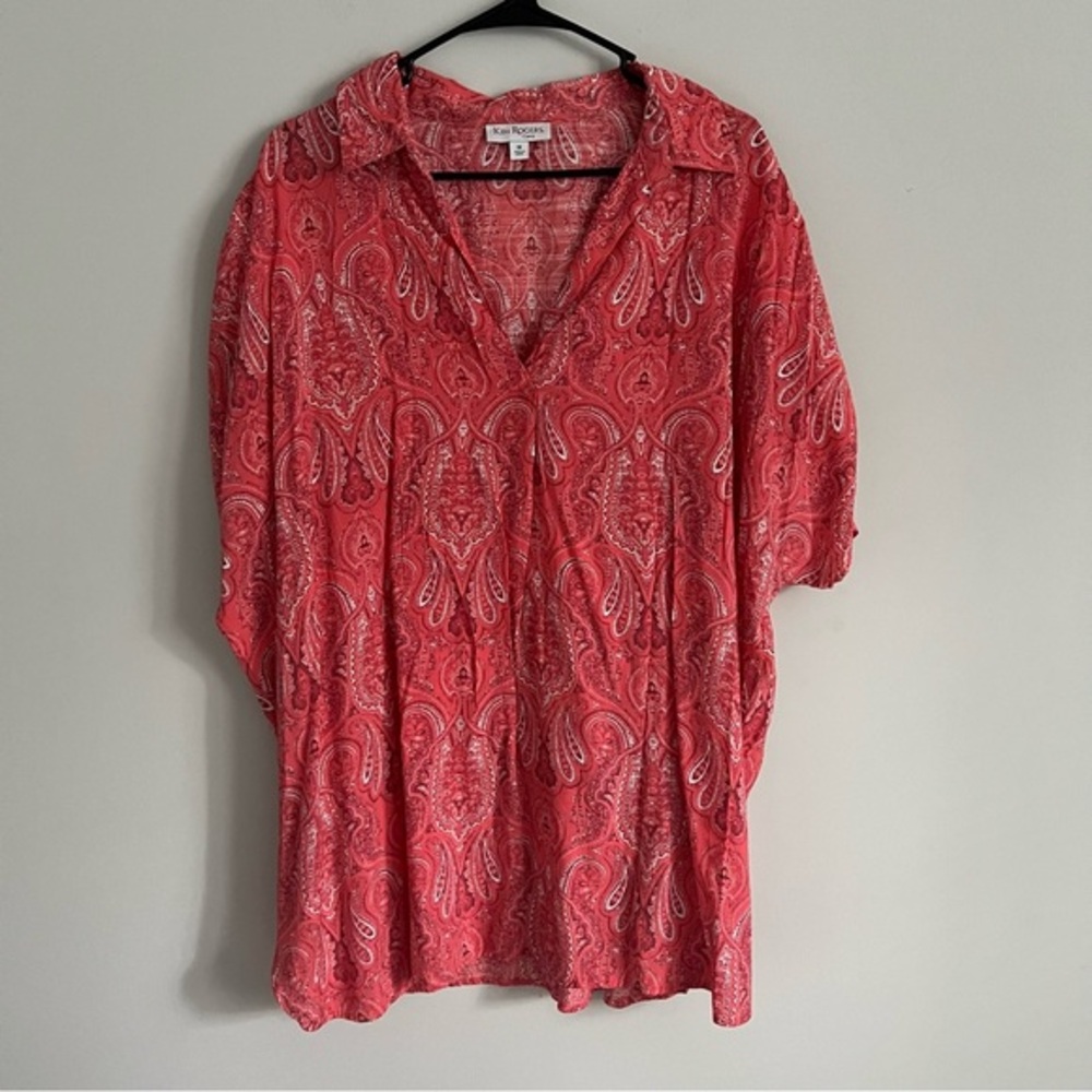 Kim Rogers Rose Pink Paisley V Neck Short Sleeve Blouse